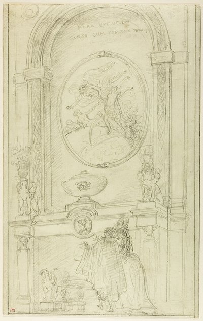 Interior com um casal diante de uma chaminé de Hubert Robert