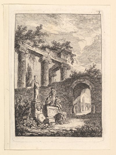 A estátua em frente às ruínas. de Hubert Robert