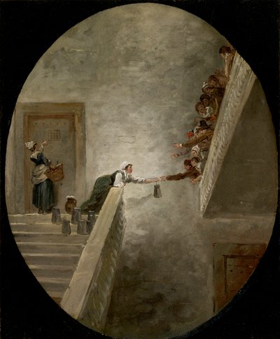 La distribution du lait a la prison Saint Lazare - A distribuição de leite na prisão de Saint-Lazare por Robert, Hubert (1733-1808), ca 1794 - Óleo sobre papel, 36,8x30,2 - Coleção Privada de Hubert Robert