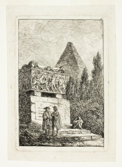 Paisagem com pirâmide e sarcófago, placa seis de Les Soirées de Rome de Hubert Robert