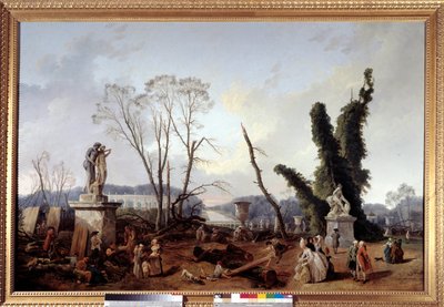 Le Carpet Vert na época do corte de árvores no inverno de 1774-1775 nos jardins de Versalhes (em primeiro plano, Rei Luís XVI e Rainha Maria Antonieta). O tapete verde também é chamado de aleia real. Pintura de Hubert Robert (1733-1808 de Hubert Robert