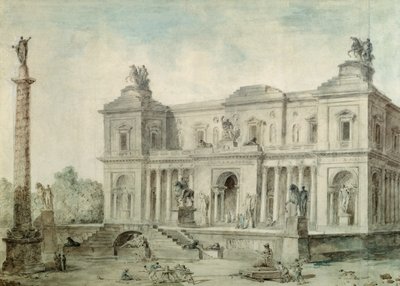 Le Musée des Antiques, c.1800 (giz, caneta e tinta e wc no papel) de Hubert Robert