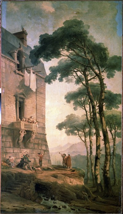 Os músicos. Uma trupe de artistas formada por músicos e um treinador de ursos está vasculhando sob a varanda de uma casa de classe média. Pintura de Hubert Robert (1733-1808), óleo sobre tela, arte francesa. State Open Air Museum Peterhof, São Petersburgo de Hubert Robert