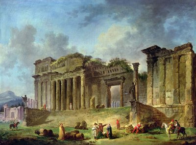Homem desenhando as ruínas de um templo clássico (óleo sobre tela) de Hubert Robert