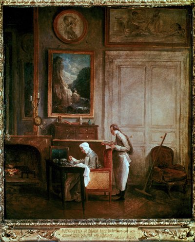 Mme. Geoffrin, a ser lida pela sua criada durante o almoço de Hubert Robert