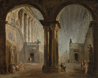 Pessoas numa galeria de antiguidades de Hubert Robert