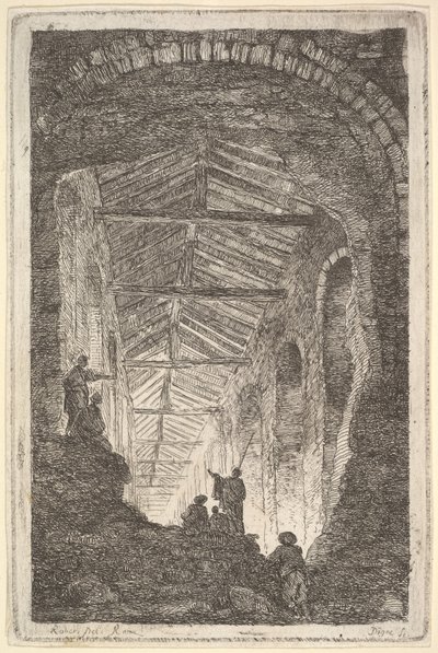 Ilustração 10: A Galeria Antiga: uma grande galeria coberta, luz entrando da bac ..., ca. 1763-64. de Hubert Robert