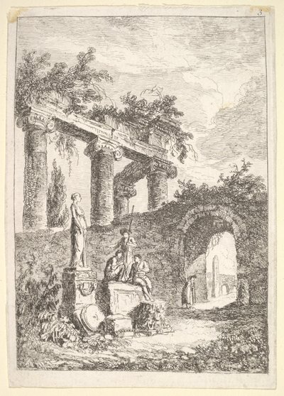 Ilustração 3: A Estátua Antes das Ruínas: uma estátua à esquerda ao lado de três figuras em um p ..., ca. 1763-64. de Hubert Robert