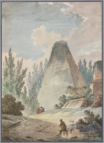 Pirâmide com ponta quebrada numa paisagem de ruínas antigas de Hubert Robert