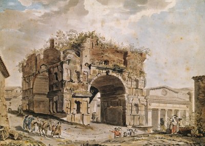 Ruínas Romanas (caneta e tinta e wc no papel) de Hubert Robert