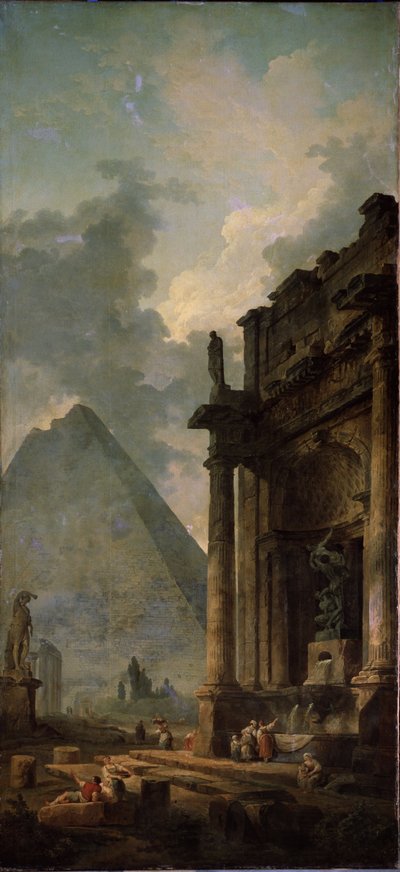 Ruínas com pirâmide. Pintura de Hubert Robert (1733-1808), óleo sobre tela de Hubert Robert