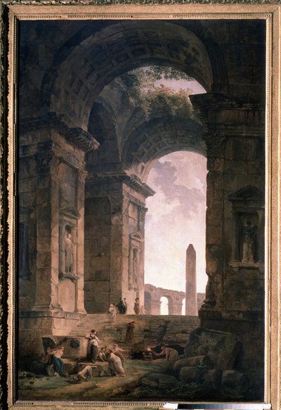 Ruínas com um obelisco. Pintura de Hubert Robert (1733-1808), óleo sobre tela de Hubert Robert