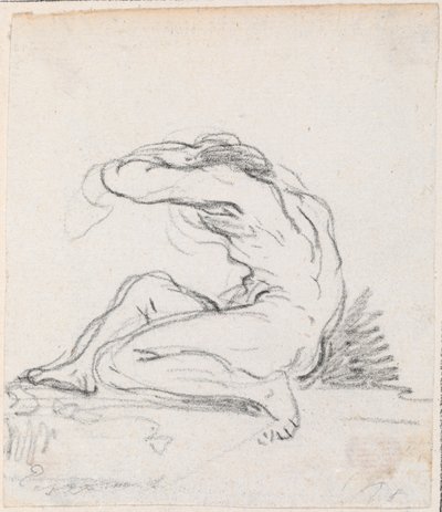 Nu masculino sentado com o braço sobre a cabeça, visto de lado de Hubert Robert