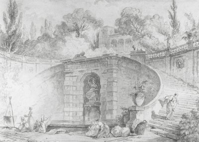 The Large Staircase, 1761-1765 (caneta e tinta preta, pincel e cinza lavados e aquarela sobre giz preto desenhado em papel branco sujo, com marca d&39;água) de Hubert Robert