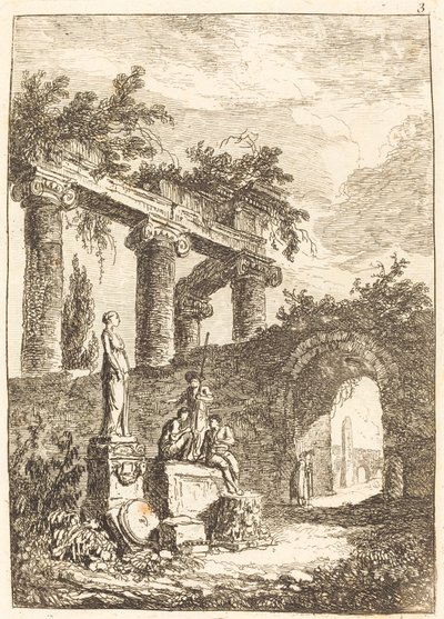A estátua antes das ruínas de Hubert Robert