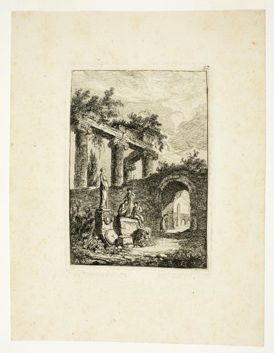 A estátua diante das ruínas, prato três de Les Soirées de Rome de Hubert Robert