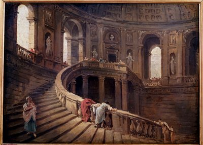 A escadaria giratória do Palazzo Farnese a Caprarola Pintura de Hubert Robert (1733-1808) Sol do século XVIII. 0,24x0,33 m de Hubert Robert