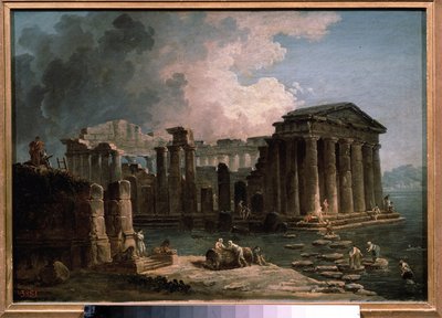 Um templo cercado por águas. Pintura de Hubert Robert (1733-1808), óleo sobre tela, cerca de 1780, arte francesa. Museu Estadual de Belas Artes A. Pushkin, Moscou. de Hubert Robert