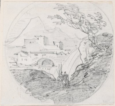Vista de um cume para uma vila e uma montanha distante de Hubert Robert