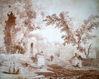 Vista de um jardim com um terraço (giz vermelho sobre papel) de Hubert Robert