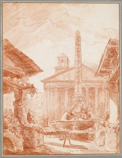 Vista da Piazza della Rotonda em Roma com a fonte Tritons e a fachada do Panteão de Hubert Robert
