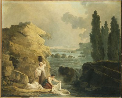 Lavadeiras por uma cascata de Hubert Robert