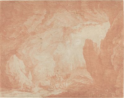 Jovem com burros andando sob uma ponte natural de Hubert Robert