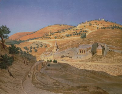 Uma paisagem montanhosa com árabes e um templo em ruínas de Hubert Sattler