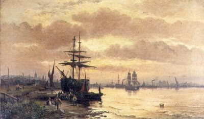 Fisherfolk na margem de um estuário ao pôr-do-sol de Hubert Thornley