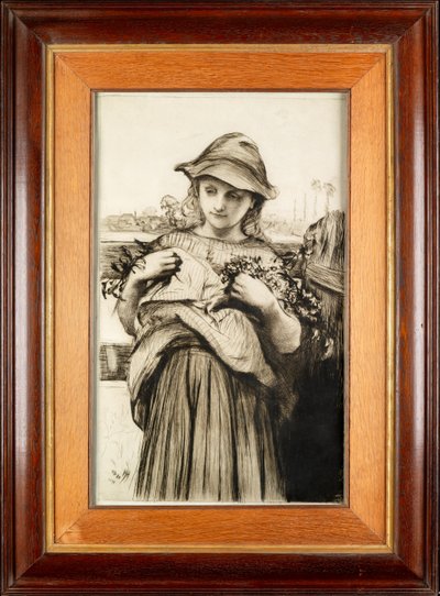 Uma Menina com Flores (gravura com ponta seca) de Hubert von Herkomer