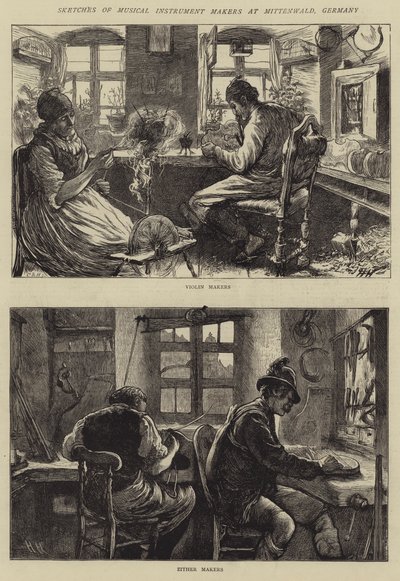 Esboços de fabricantes de instrumentos musicais em Mittenwald, Alemanha de Hubert von Herkomer