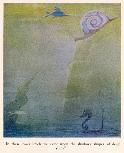 "Nestes níveis mais baixos encontramos as formas sombrias de navios mortos" ilustração de The Voyages of Doctor Dolittle de Hugh Lofting