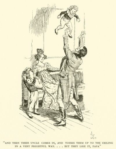 E depois entra o tio deles e atira-os para o tecto de uma forma muito assustadora... mas eles gostam, papá (gravura) de Hugh Thomson