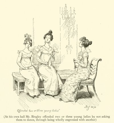 No seu próprio baile o Sr. Bingley ofendeu duas ou três jovens senhoras por não as convidar para dançar, por estarem totalmente absorvidas por outra (gravura) de Hugh Thomson