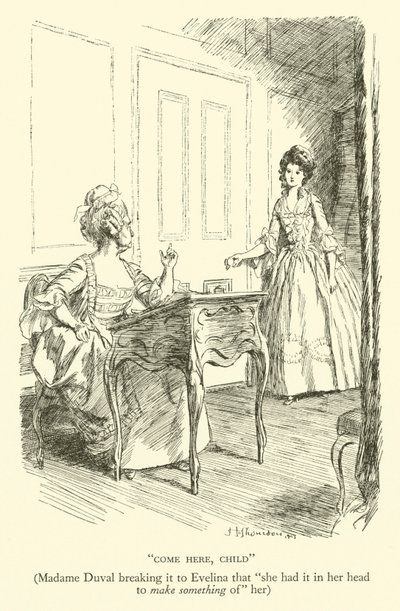 Vem cá, criança, a Madame Duval partiu-a para Evelina que "ela tinha na cabeça para fazer algo dela" (gravura) de Hugh Thomson