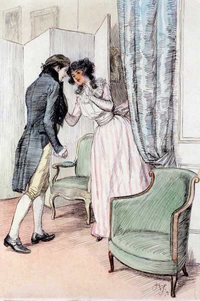 Tirando-lhe um pouco de lado, ilustração de &39;Sense and Sensibility&39;, de Jane Austen, publicada em 1895 (caneta e papel) de Hugh Thomson