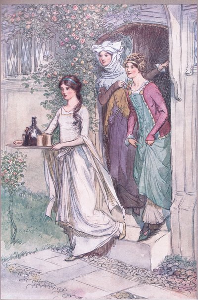 "Entre em Anne Page com vinho, Mistress Ford e Mistress Page seguindo", ilustração de 