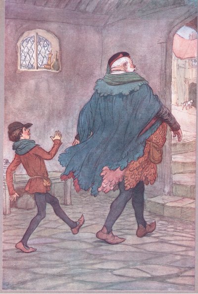 Exeunt Falstaff e Robin, ilustração de The Merry Wives of Windsor, 1910 de Hugh Thomson