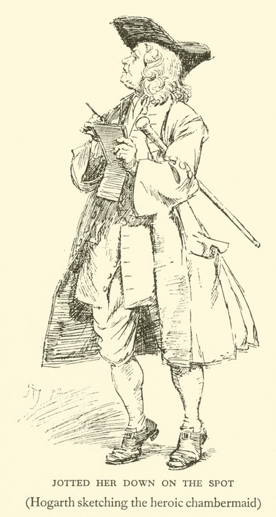 Apontou-a para baixo na hora, Hogarth desenhando a heróica camareira (gravura) de Hugh Thomson
