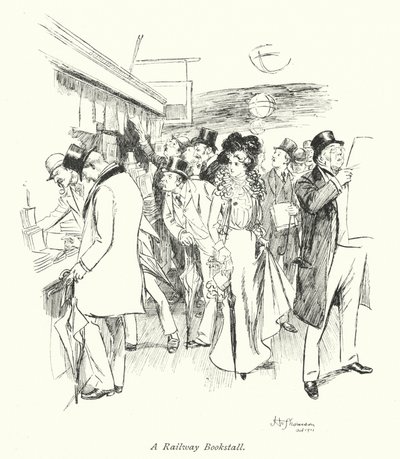 Londres: A Railway Bookstall (litografia a cores) de Hugh Thomson