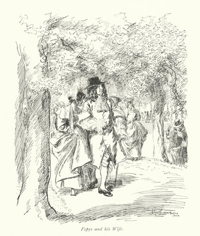 Londres: Pepys e a sua mulher (litografia a cores) de Hugh Thomson