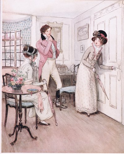 A srta. Henrietta e a srta. Fanny, encorajadas por essa simpatia, aproximam-se da porta da câmara interessante da cama. de Hugh Thomson