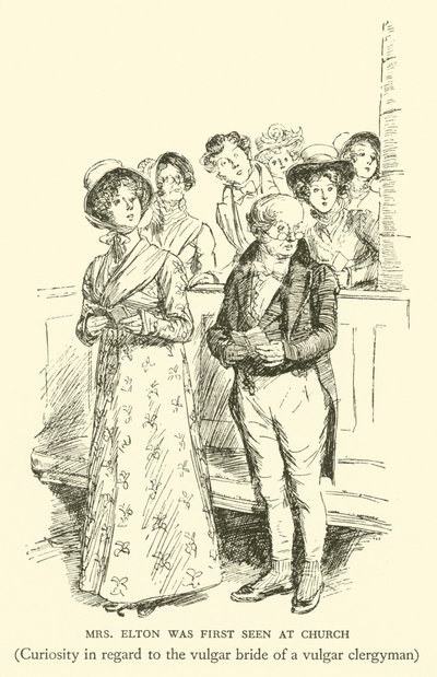 A Sra. Elton foi Primeira Vidente na Igreja, Curiosidade em relação à noiva vulgar de um clérigo vulgar (gravura) de Hugh Thomson