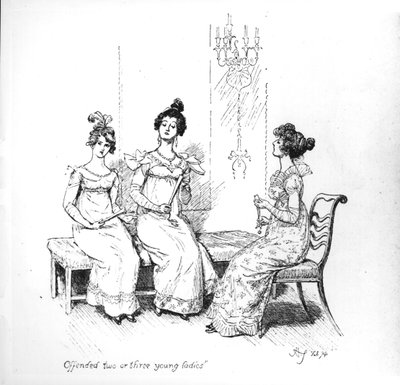 &39;Ofendido duas ou três jovens senhoras&39;, as irmãs Bingley de &39;Orgulho e Preconceito&39; de Jane Austen, 1894 (gravura) (foto bw) de Hugh Thomson