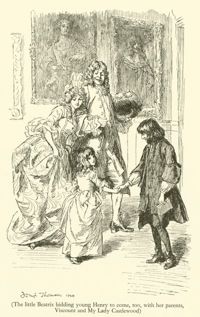 A pequena Beatrix a convidar o jovem Henry a vir também com os pais, Visconde e My Lady Castlewood (gravura) de Hugh Thomson
