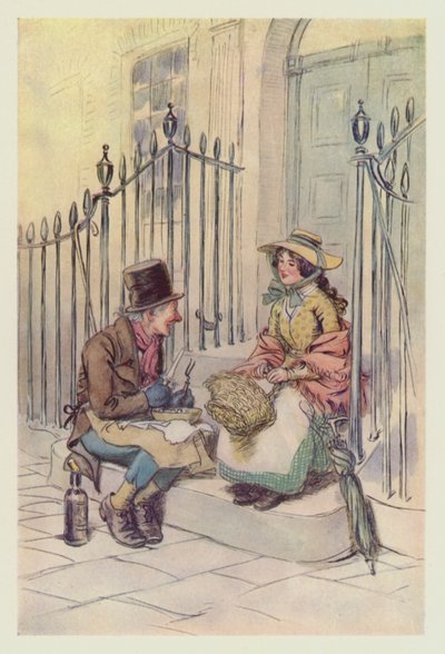 Trotty Veck, com sua filha Meg, jantando nos degraus (cor litho) de Hugh Thomson