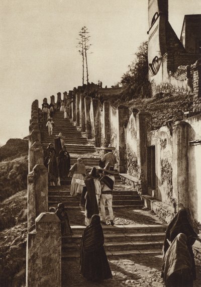 México: Guadalupe Hidalgo, Ascensão ao monte de Tepeyacac (fotografia a preto e branco) de Hugo Brehme