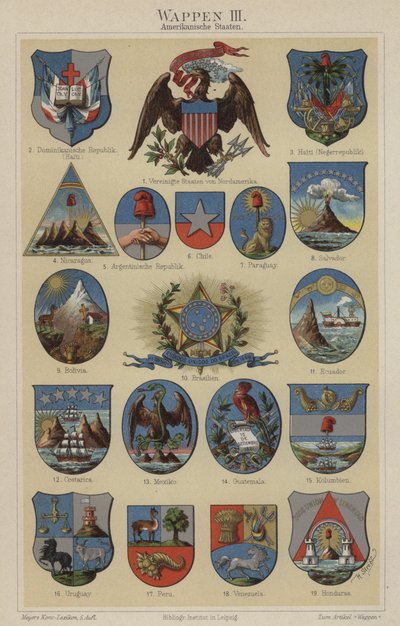 Escudos de armas dos países das Américas (cor litho) de Hugo Gerard (after) Strohl