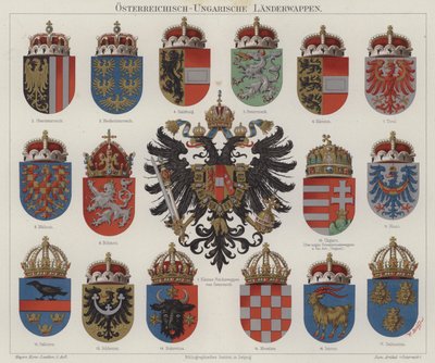 Escudos de armas do Império Austro-Húngaro (cor litho) de Hugo Gerard (after) Strohl