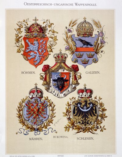 Brasões de armas do Império Austro-Húngaro, de &39;Heraldischer Atlas&39; pelo artista, 1899 de Hugo Gerard Strohl